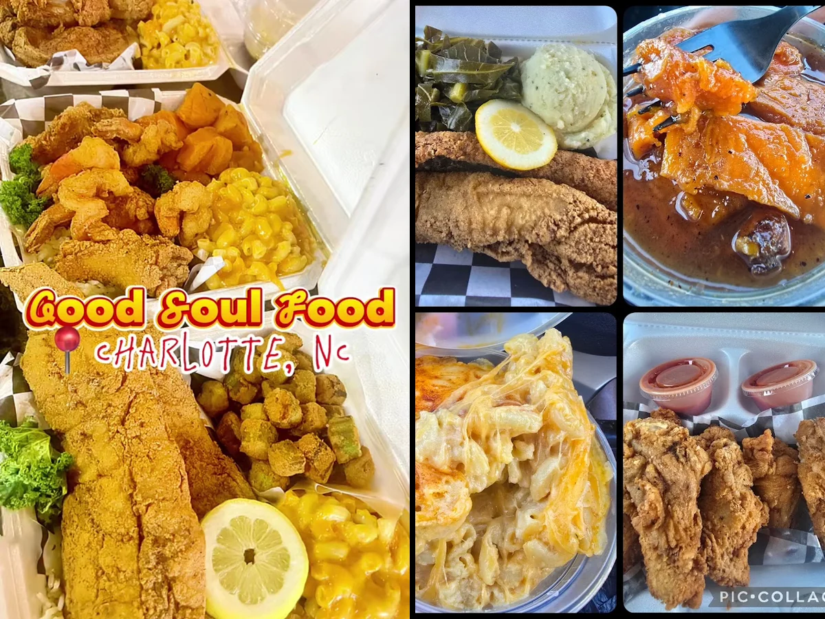 Plates of soul food on a casual dining table.