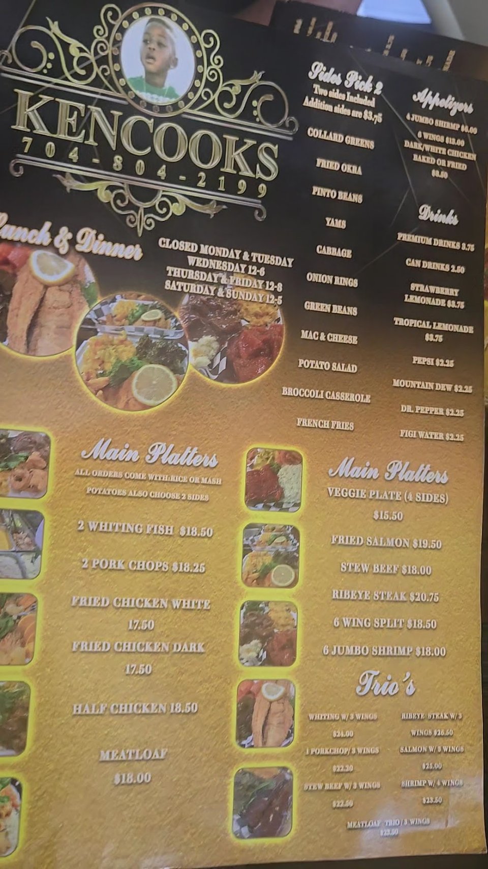 Menu board with main platters and sides.