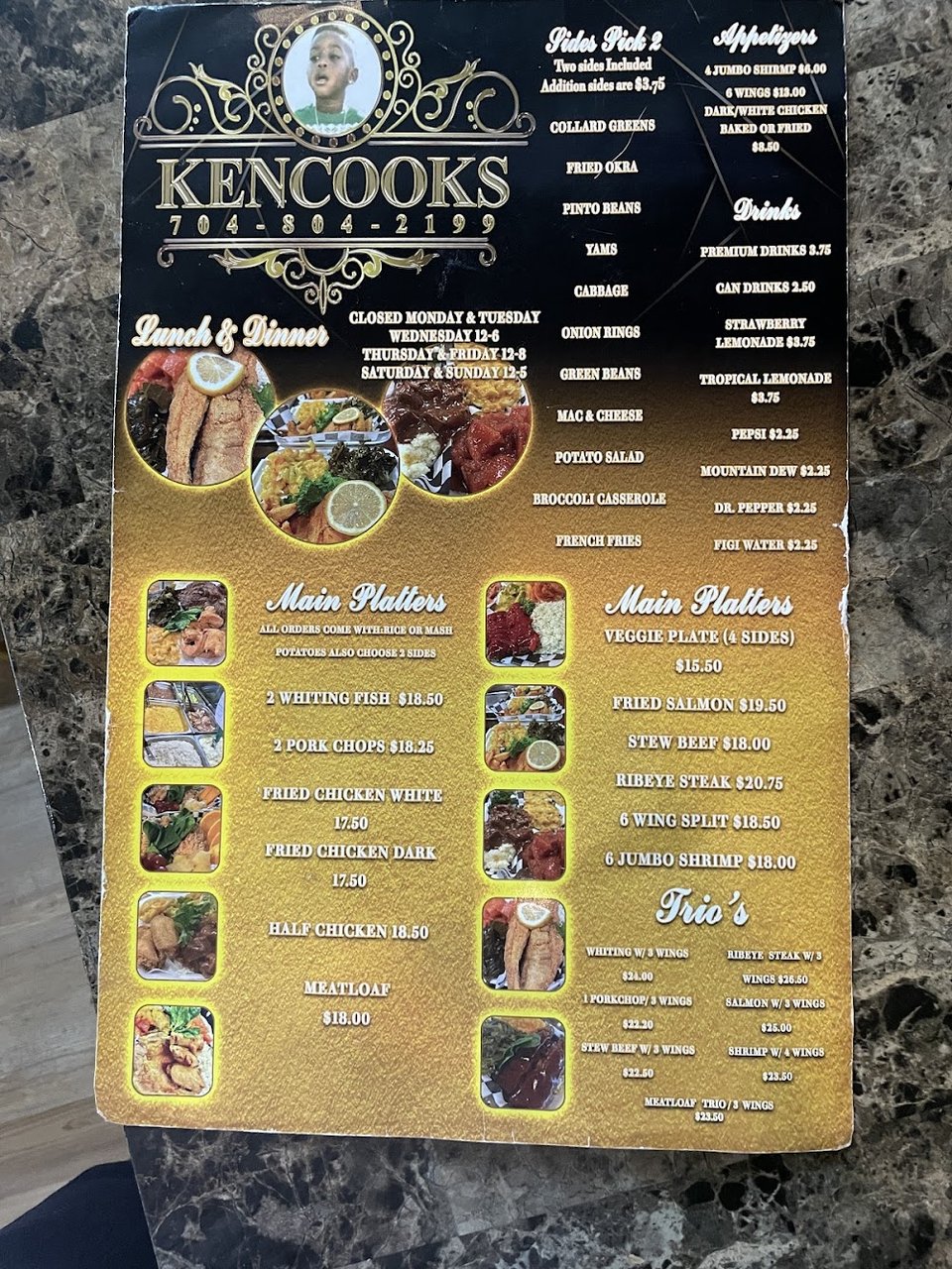 Simple menu layout with drinks and comfort food.